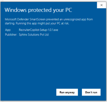 The expanded SmartScreen dialog listing app RecruiterCopilot-Setup-1.0.1.exe and publisher Sphinx Solutions Pvt Ltd, with Run anyway and Don't run buttons